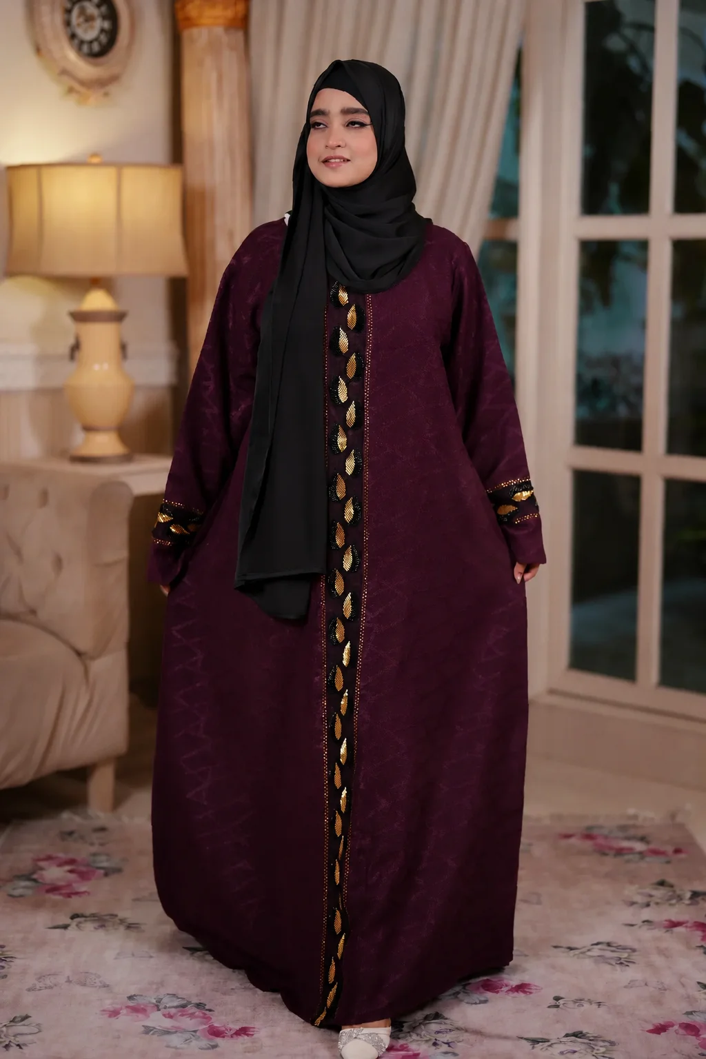 Water Lily Embroidery Borkha For Women - Original Dubai Cherry Fabric Borkha